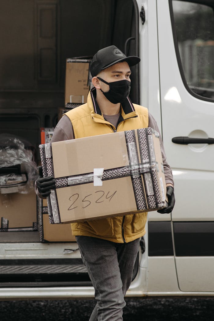 A courier wearing a face mask delivers a package from a vehicle, adapting to new normal.